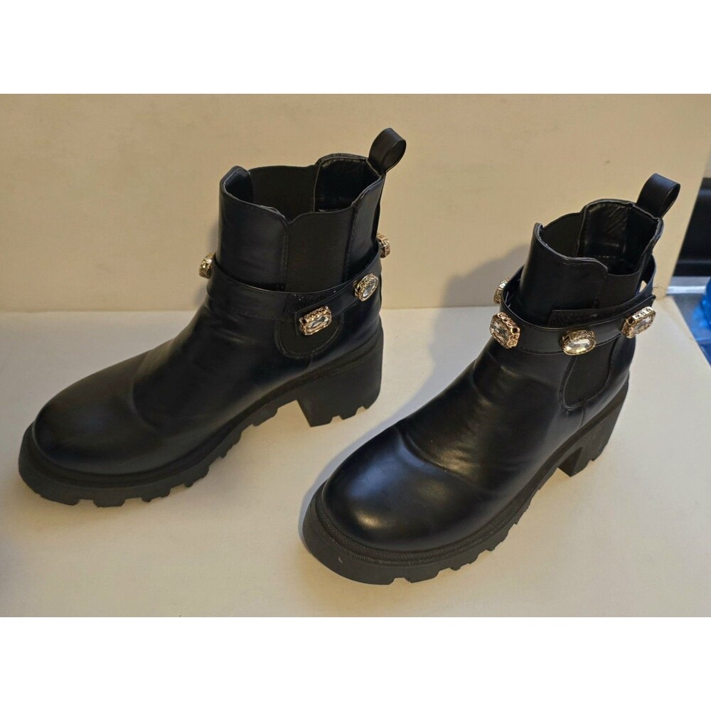 Black "Sugar Favorite" Faux Leather Boots & Crystals (Removeable) Chunky 7 1/2 M